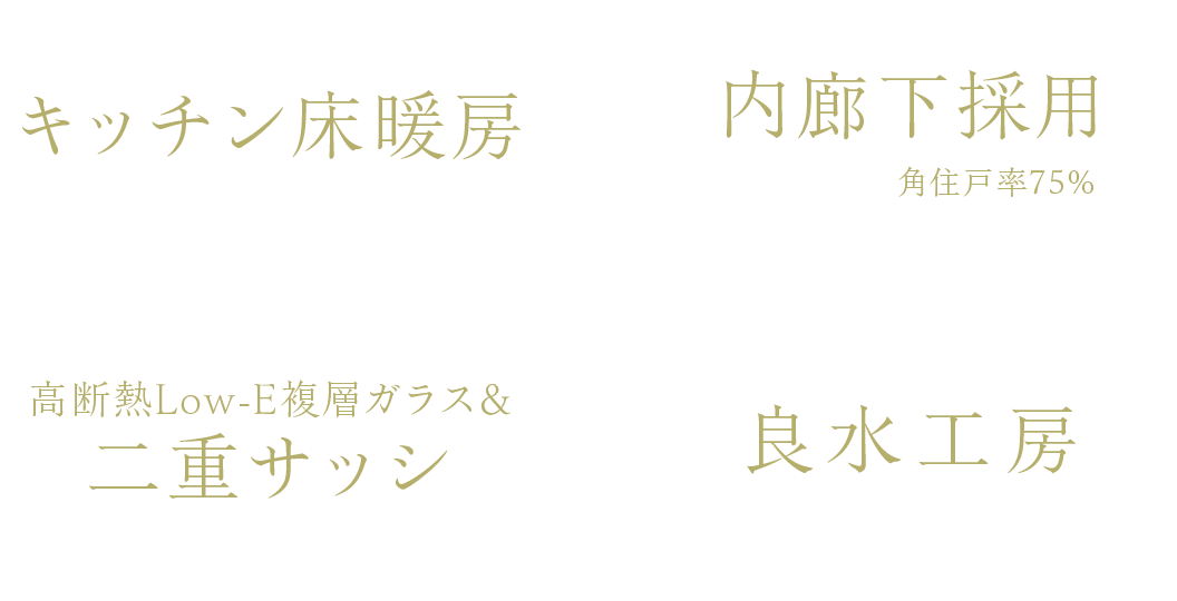 キッチン床暖房｜内廊下採用｜高断熱Low-E複層ガラス＆二重サッシ｜良水工房