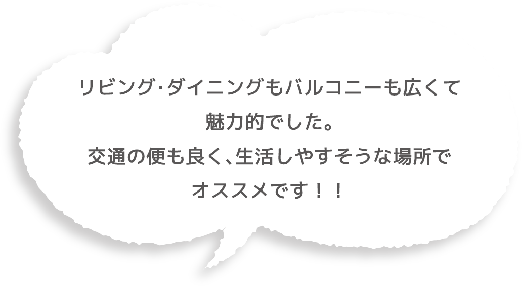 リビング・ダイニングもバルコニーも広くて魅力的でした。交通の便も良く、生活しやすそうな場所でオススメです！！