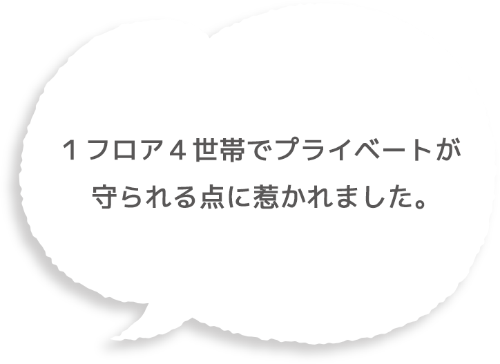 １フロア４世帯でプライベートが守られる点に惹かれました。