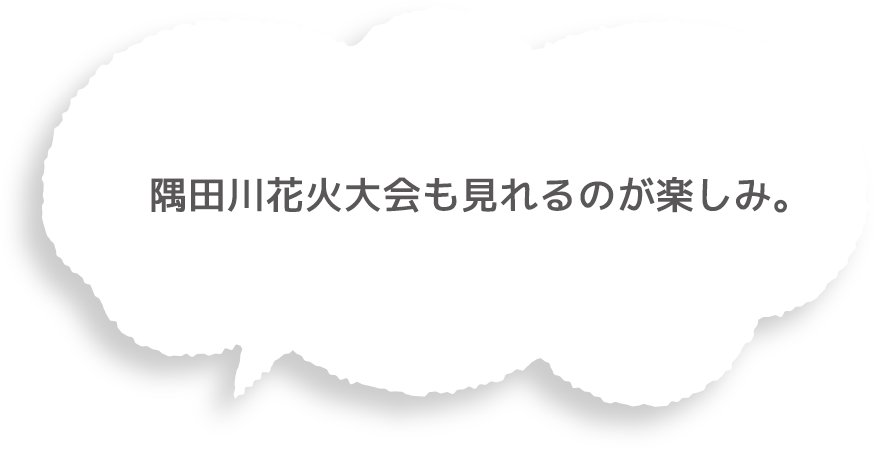 隅田川花火大会も見れるのが楽しみ。